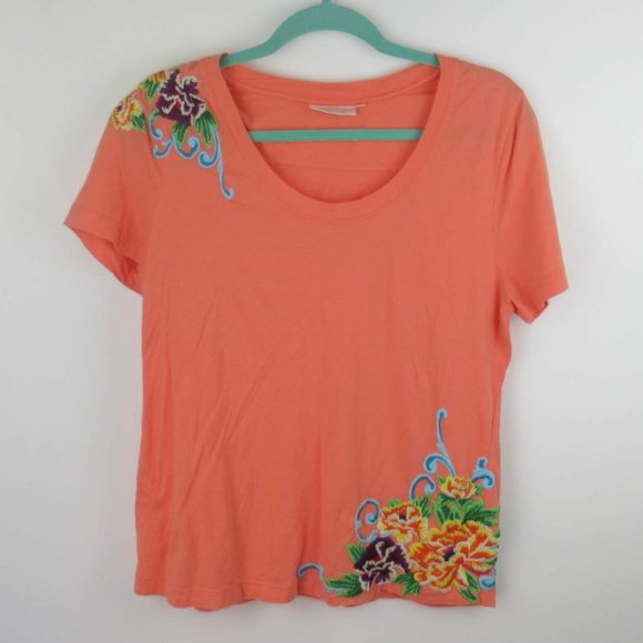 Soft Surroundings Embroidered Floral Short Sleeved Shirt sz M Flawed - Picture 1 of 7